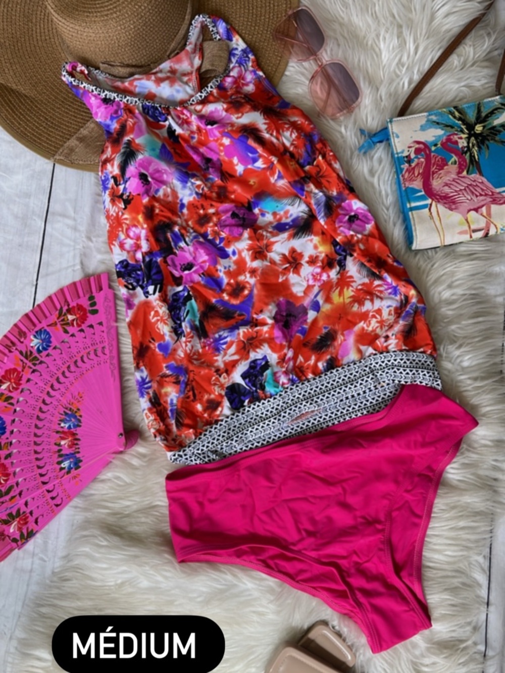 Bright Floral Tankini with Hot Pink Bottoms